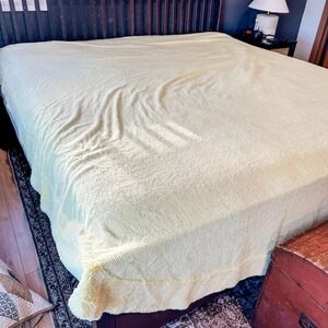 VTG Chenille Bedspread Yellow Queen Thick Border (Top Worn Away) 91x98